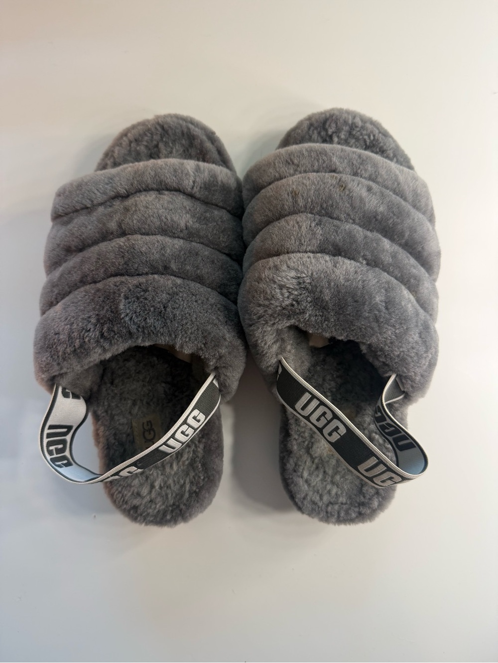UGG Gray Plush Quilted Sheepskin Slide Sandals with Logo Heel Strap